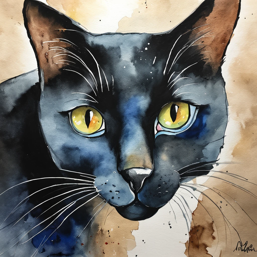 Stable Diffusion Prompt: Black cat with yellow eyes painting on brown ...
