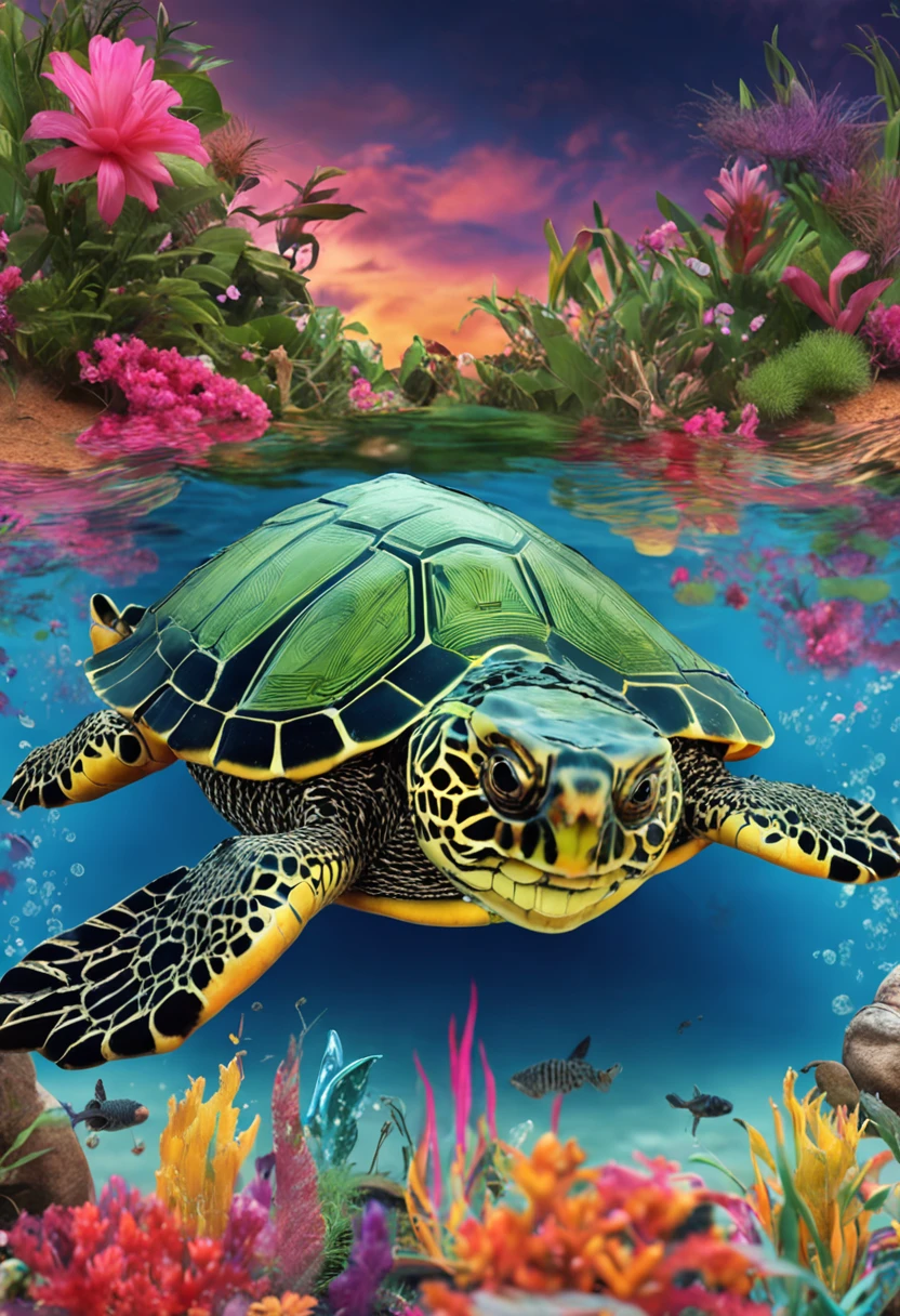 Stable Diffusion Prompt: Turtle in the ocean with corals and flowers