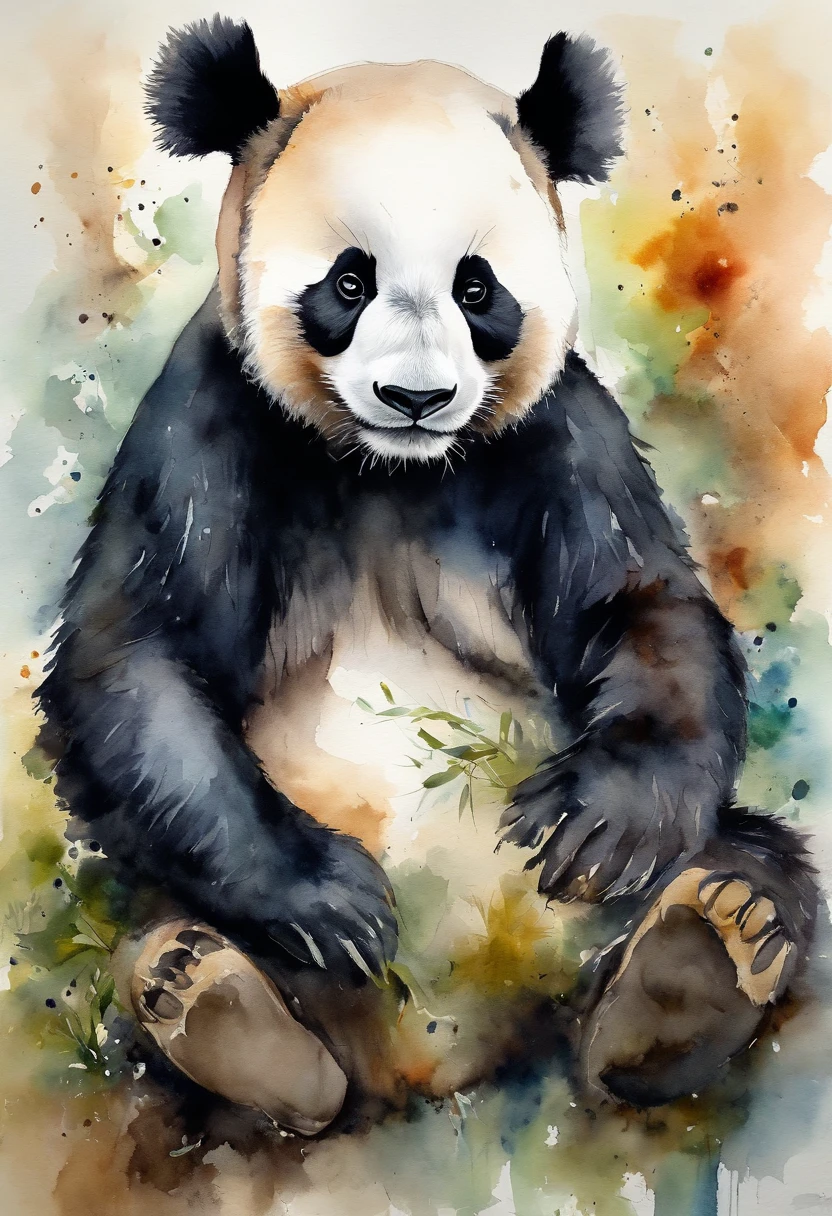 Painting of a panda bear sitting on the ground with a plant in its paws