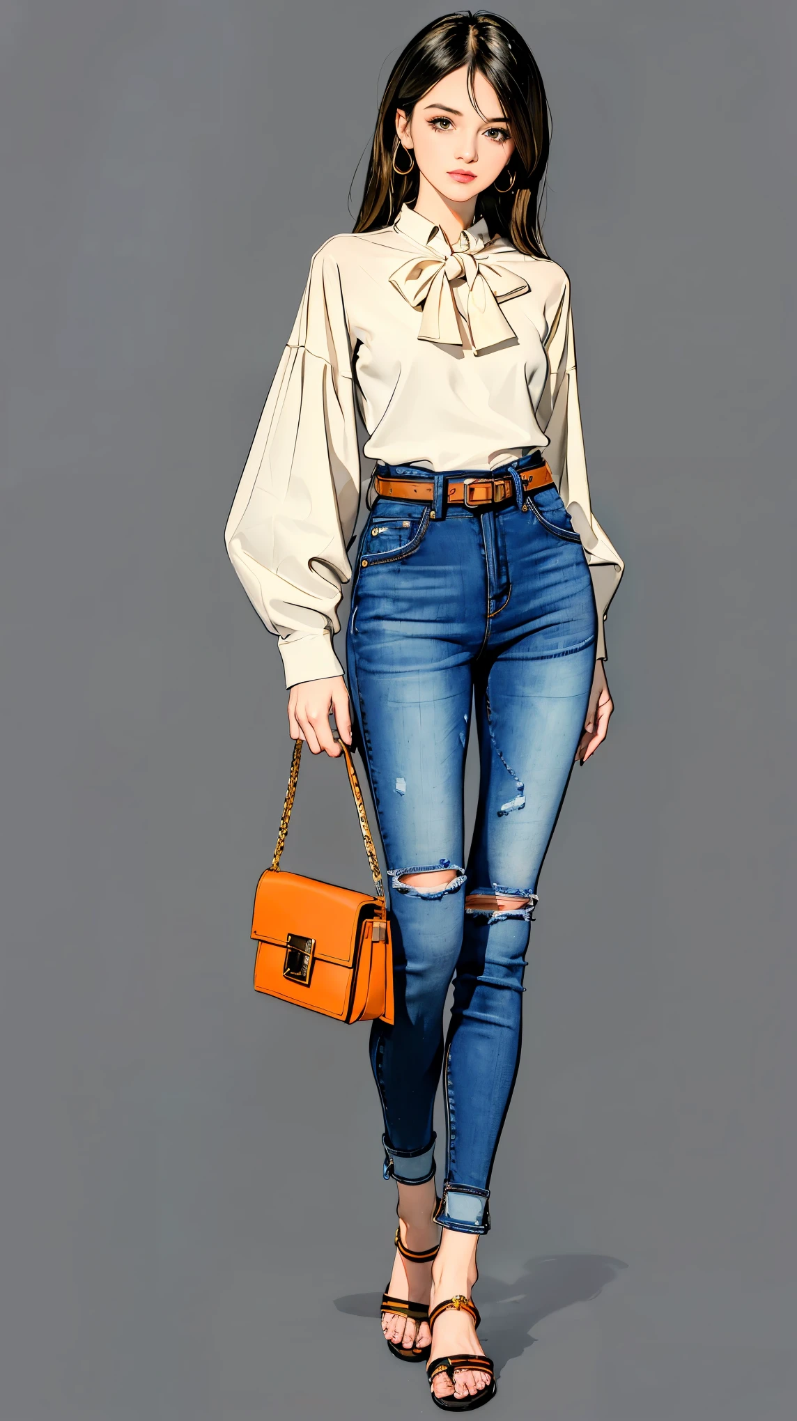 Stable Diffusion Prompt: A woman in jeans and a blouse is holding a purse