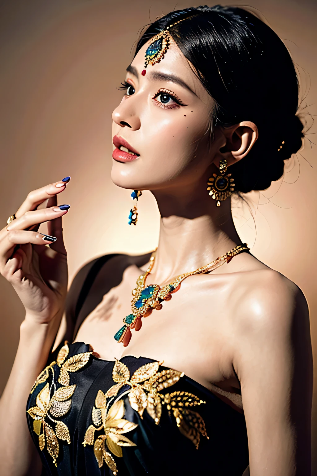 Stable Diffusion Prompt: Arafed woman in a black dress with a gold ...