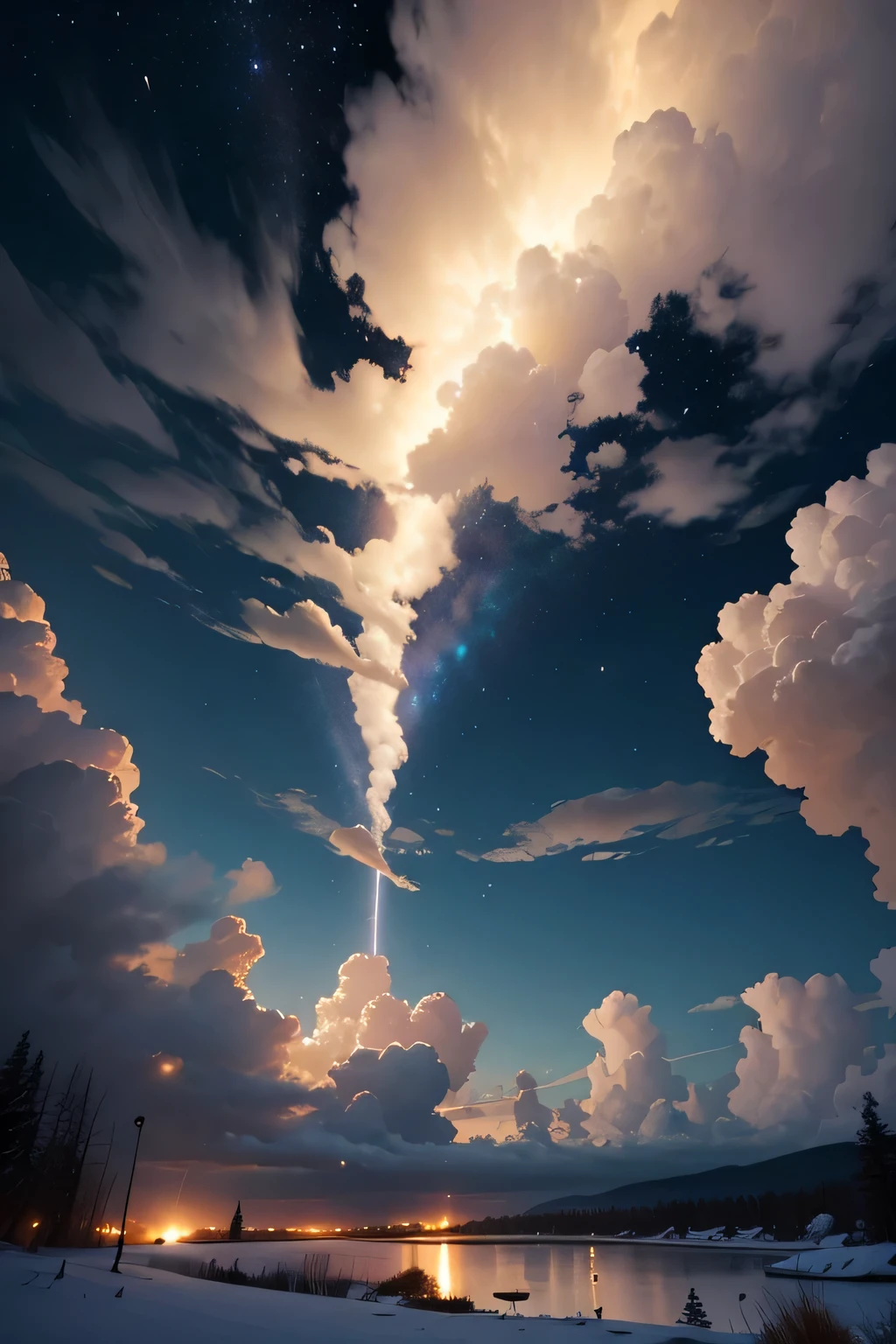 A view of a lake with a sky full of clouds and a bright light