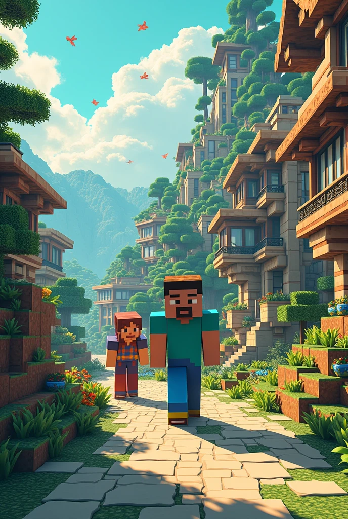 Can you create an image that mixes the manga universes?, of Minecraft and drawin