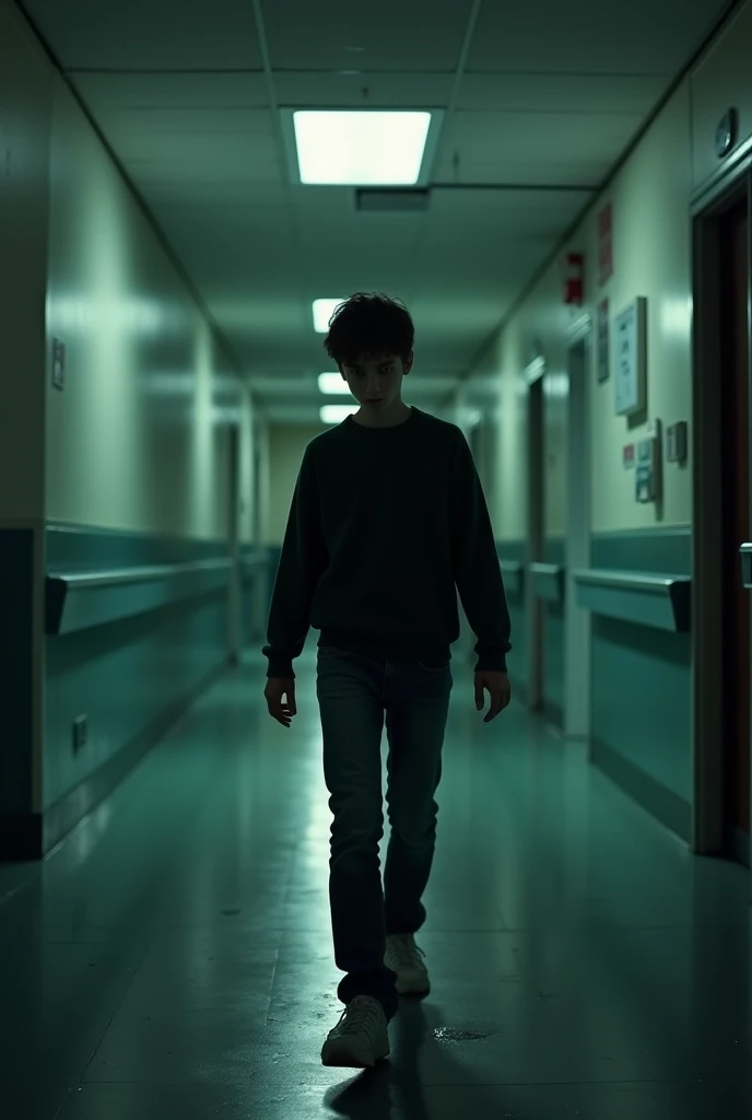 A teenager wearing a dark green sweater walks in a deserted hospital corridor wi