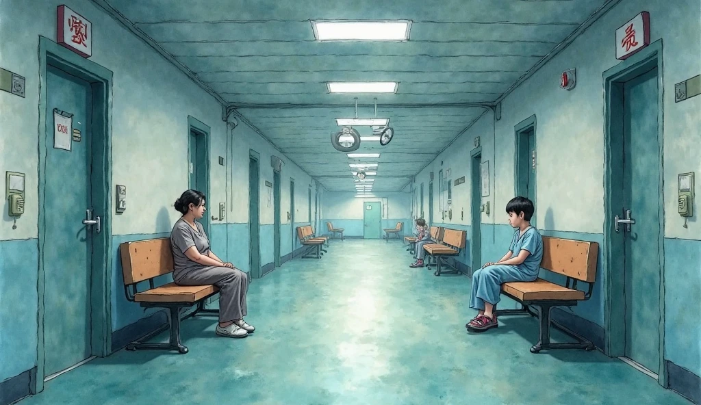 I want a scene in a Chinese hospital, it's a corridor with doors and benches on 