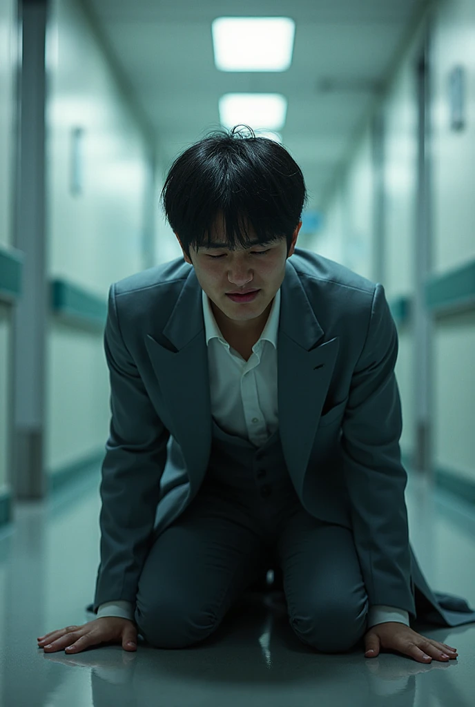In the hospital corridor, a young man is kneeling and crying