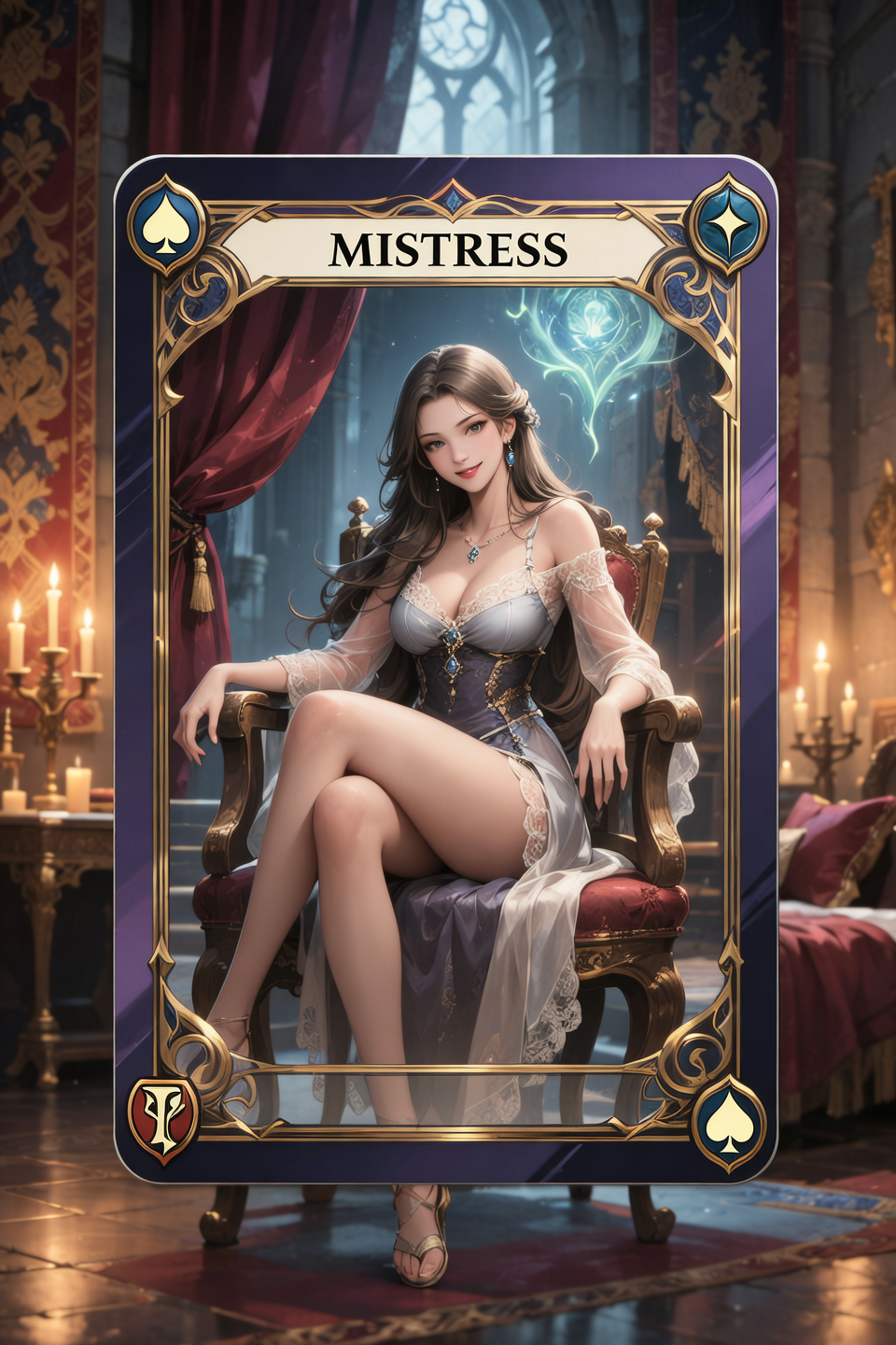 A detailed illustration of a game card for the 'Mistress'  role in a medieval fantasy setting, styled like a playing card. The c...
