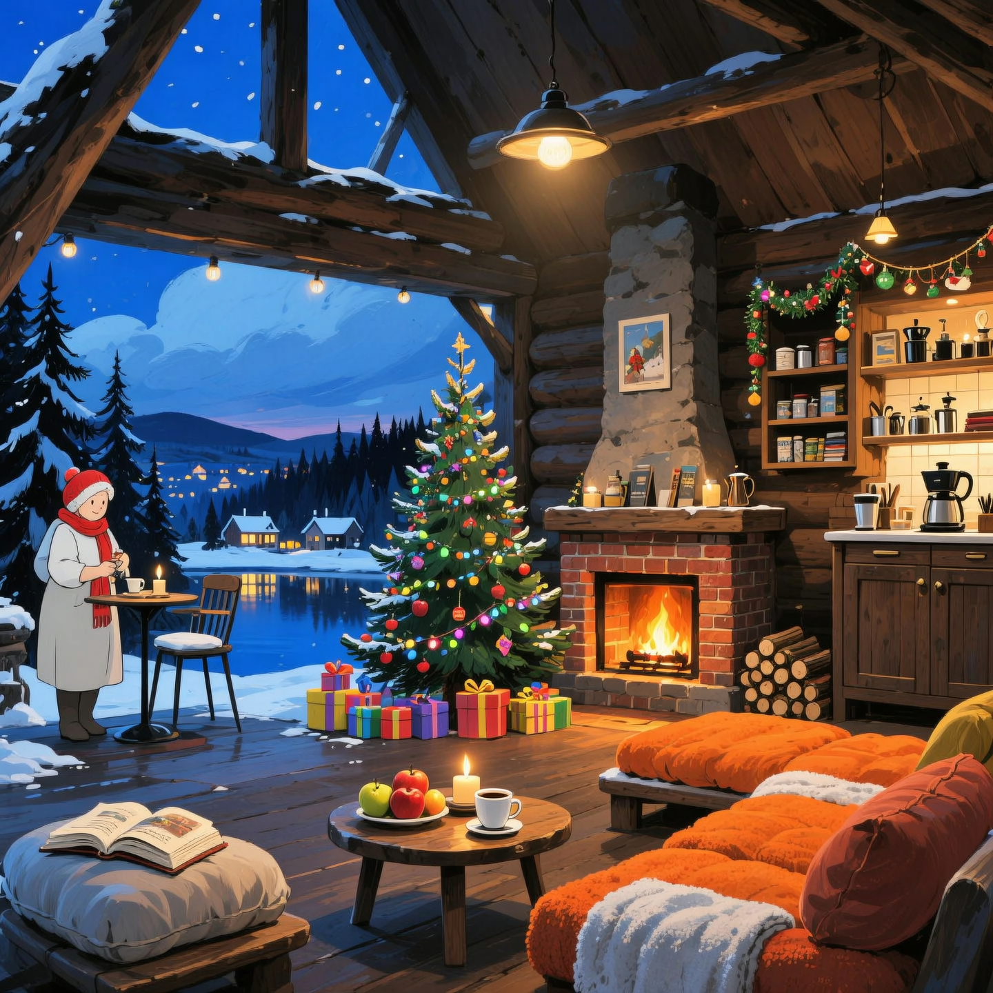 Cozy cabin with fireplace, không có cây Giáng sinhThe scene depicts a Cozy cabin with fireplace, without a rustic quán cà phê Ch...