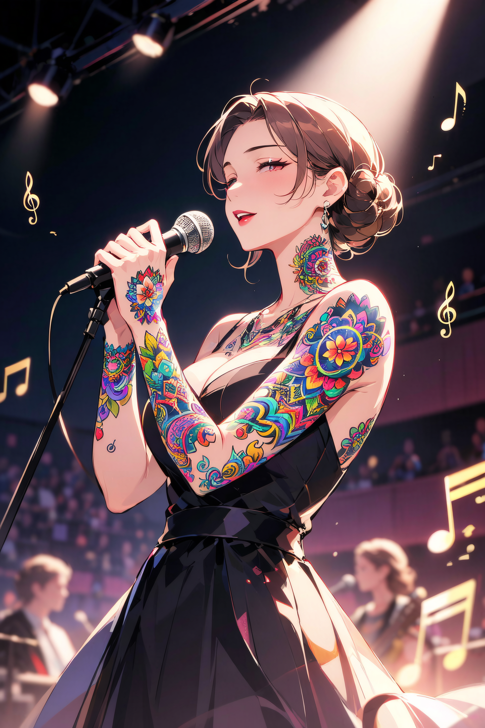 anime style tattoo-covered female singer, intricate colorful tattoos across her arms and shoulders, elegant diva on stage with m...