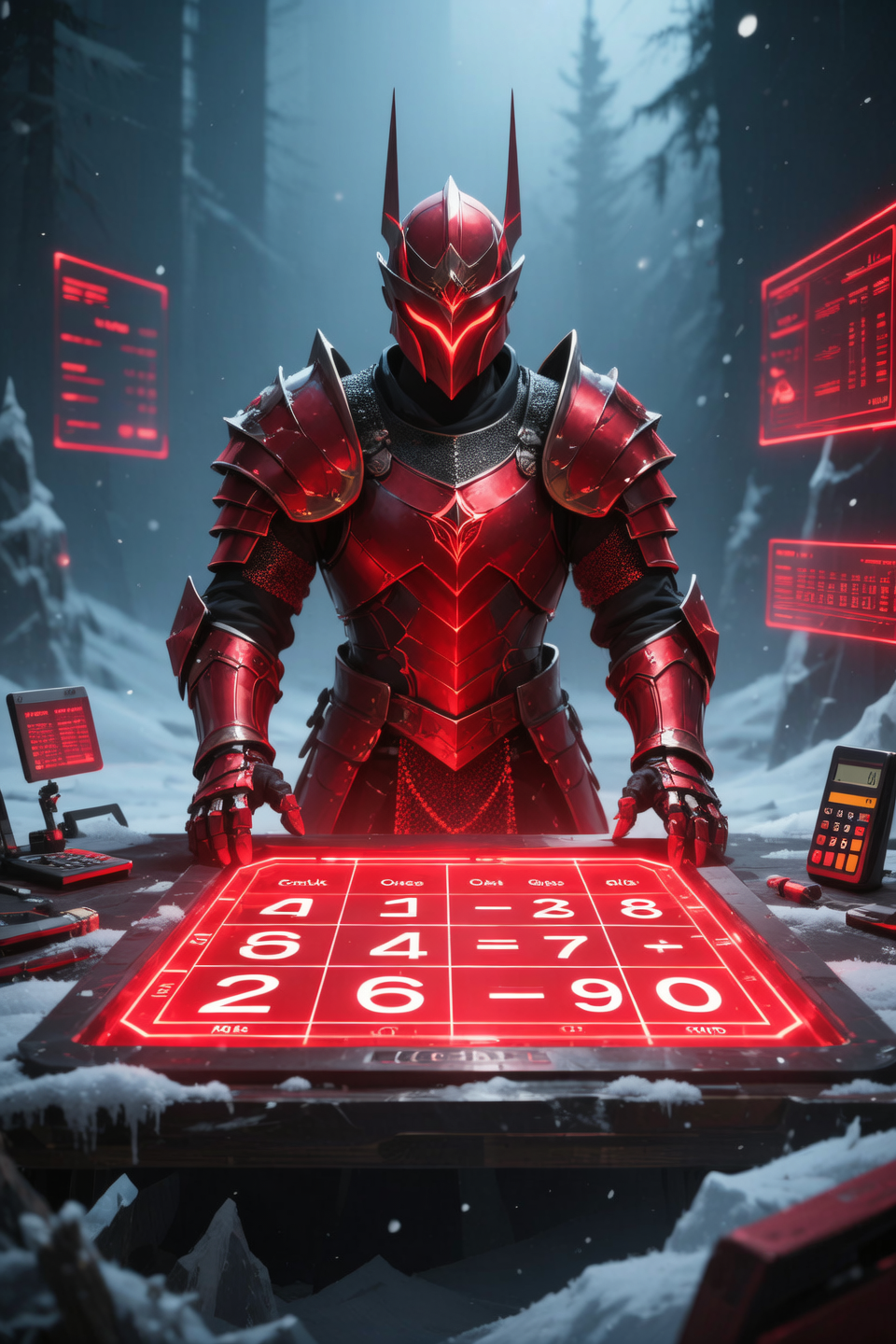 Warrior in red armor with a tactical board illuminated by red aura, calculator expression, cold, cinematic atmosphere.
