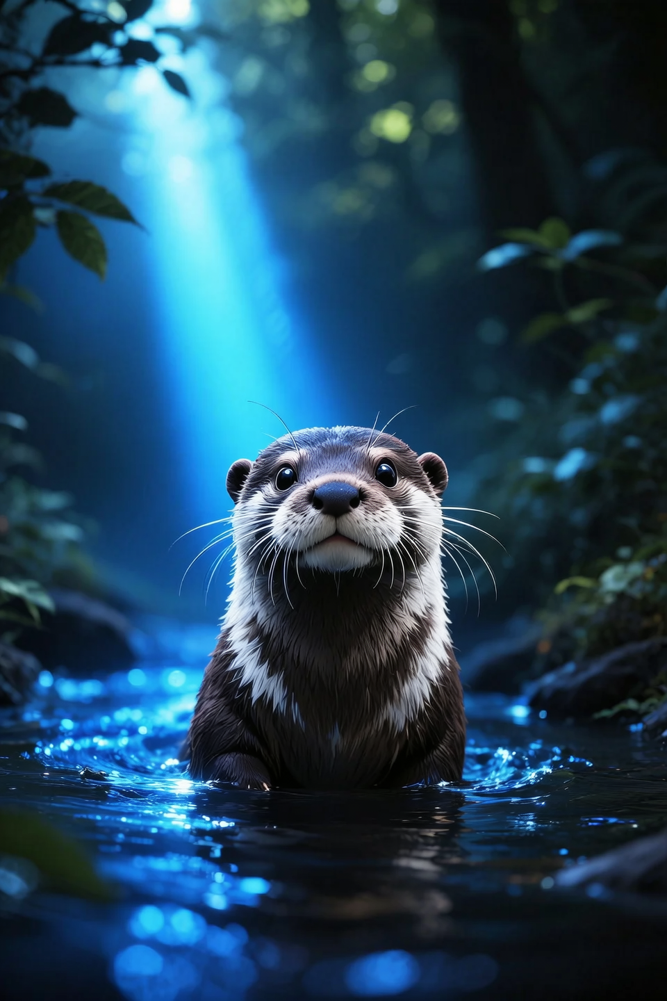 Photorealistic digital portrait of a playful otter emerging from a dark stream, its coat is richly detailed with dark brown tone...