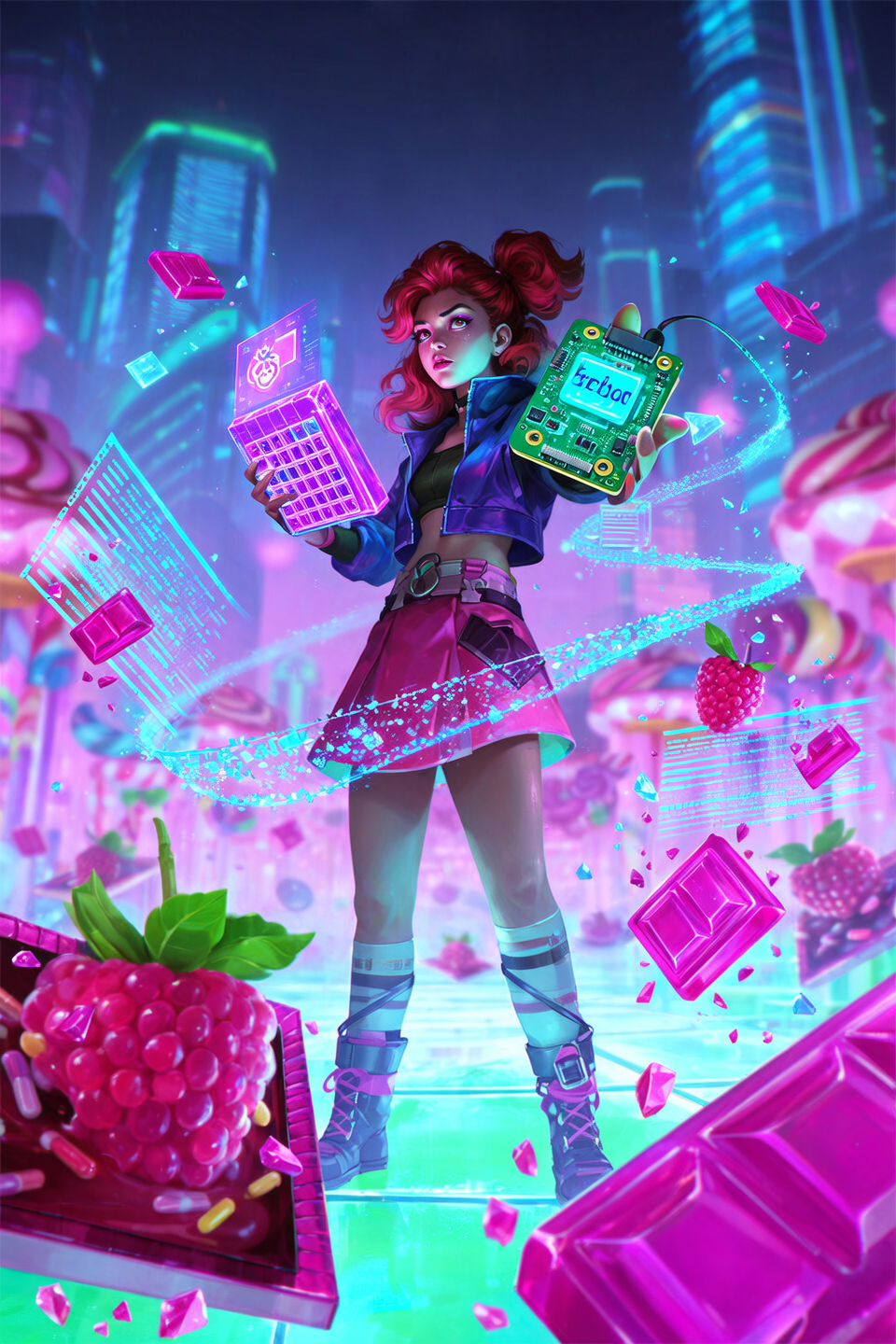 a cyberpunk candy hacker girl standing in a neon-lit sweets kingdom, armed with a glowing candy decoder and a raspberry-pi shape...