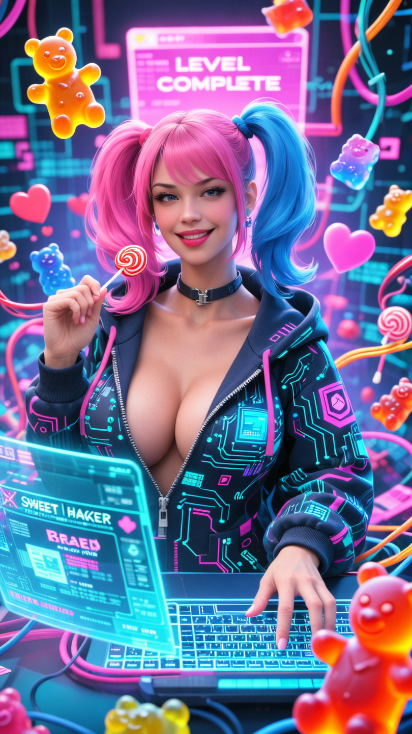 A photorealistic, high-resolution image of a seductive and beautiful young woman as a "Sweet Hacker." She is depicted as a model...