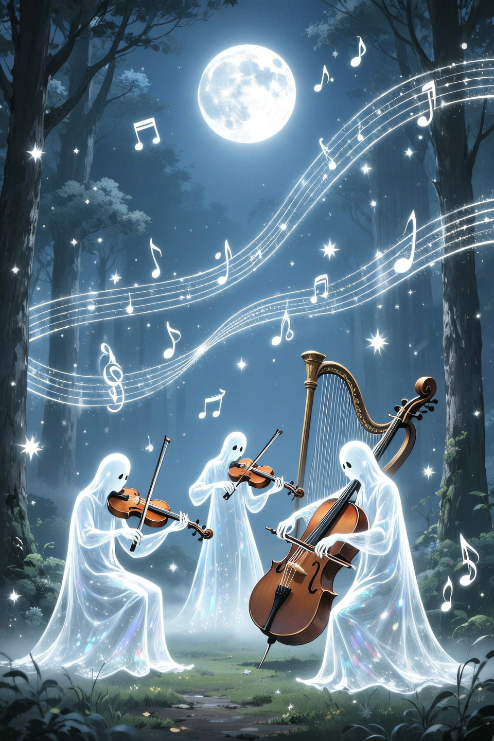 A serene and magical scene of ghostly musicians performing under a glowing full moon. Transparent, ethereal ghosts play violins,...