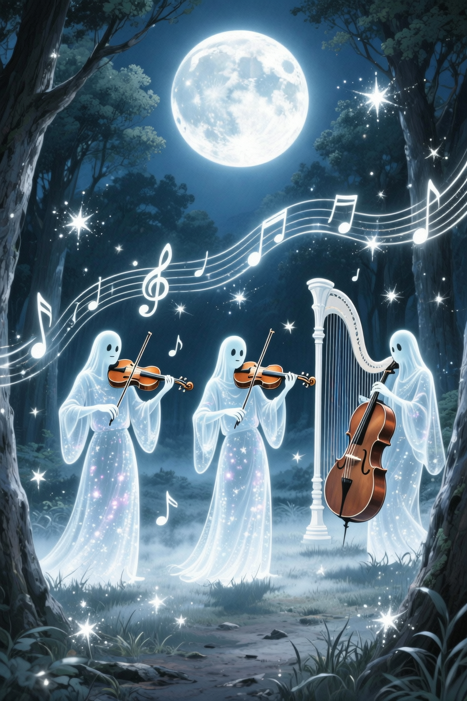 A serene and magical scene of ghostly musicians performing under a glowing full moon. Transparent, ethereal ghosts play violins,...