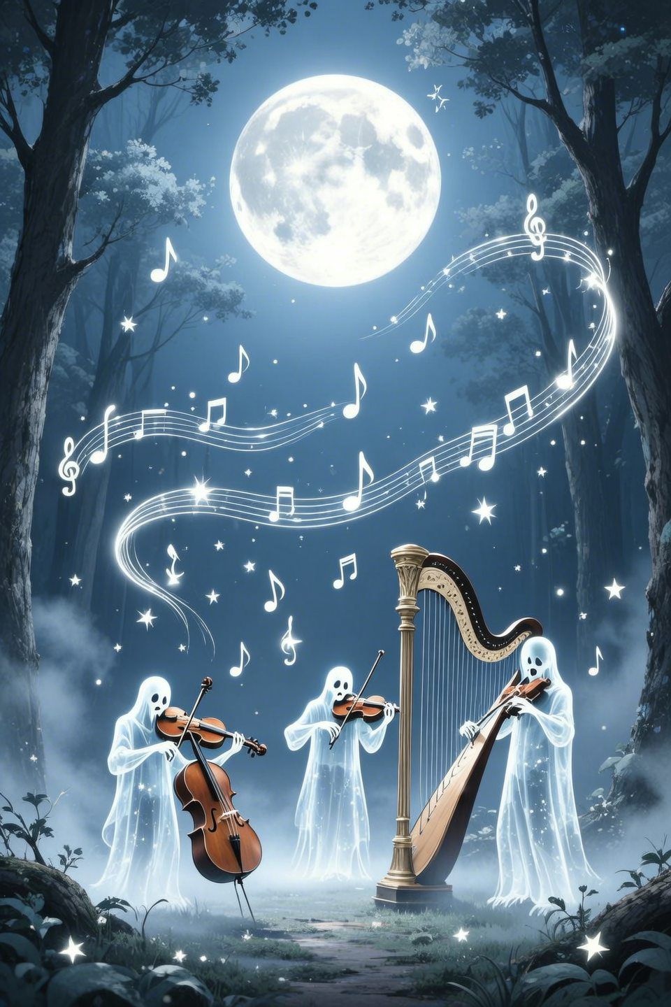 A serene and magical scene of ghostly musicians performing under a glowing full moon. Transparent, ethereal ghosts play violins,...