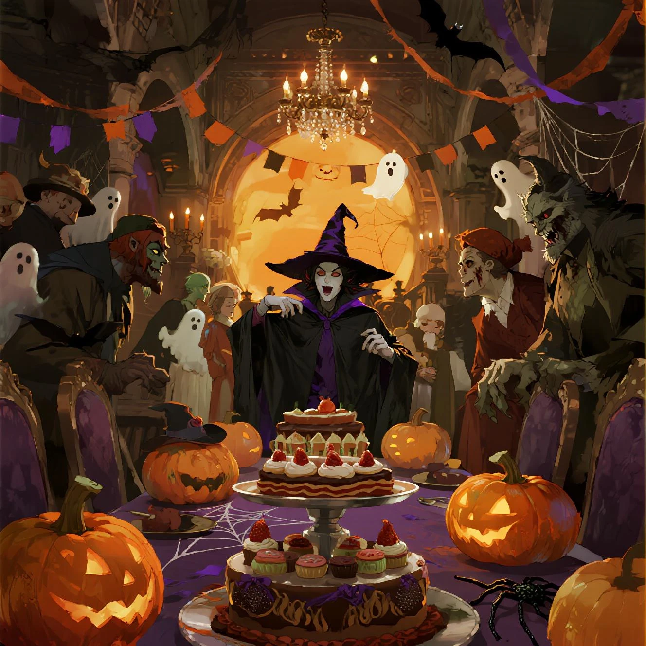 Halloween Masquerade Party、a gorgeous hall like an old castle、the warm light of pumpkin lanterns、Mr.々An impressive composition t...