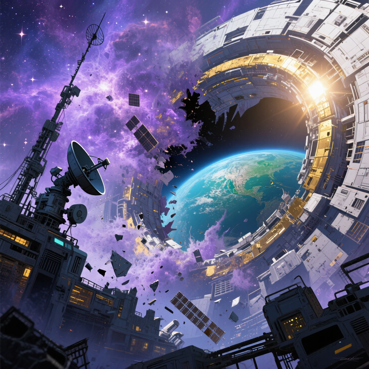 Best quality，diffuse to the left，Sci-Fi Art Style，Space shows purple nebulae and countless stars，Science fiction art illustratio...