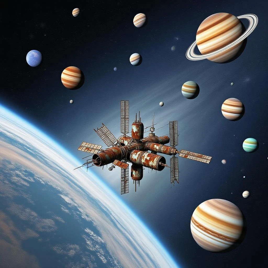 create an ideia of abandoned space station in the solar system and the planets at the background