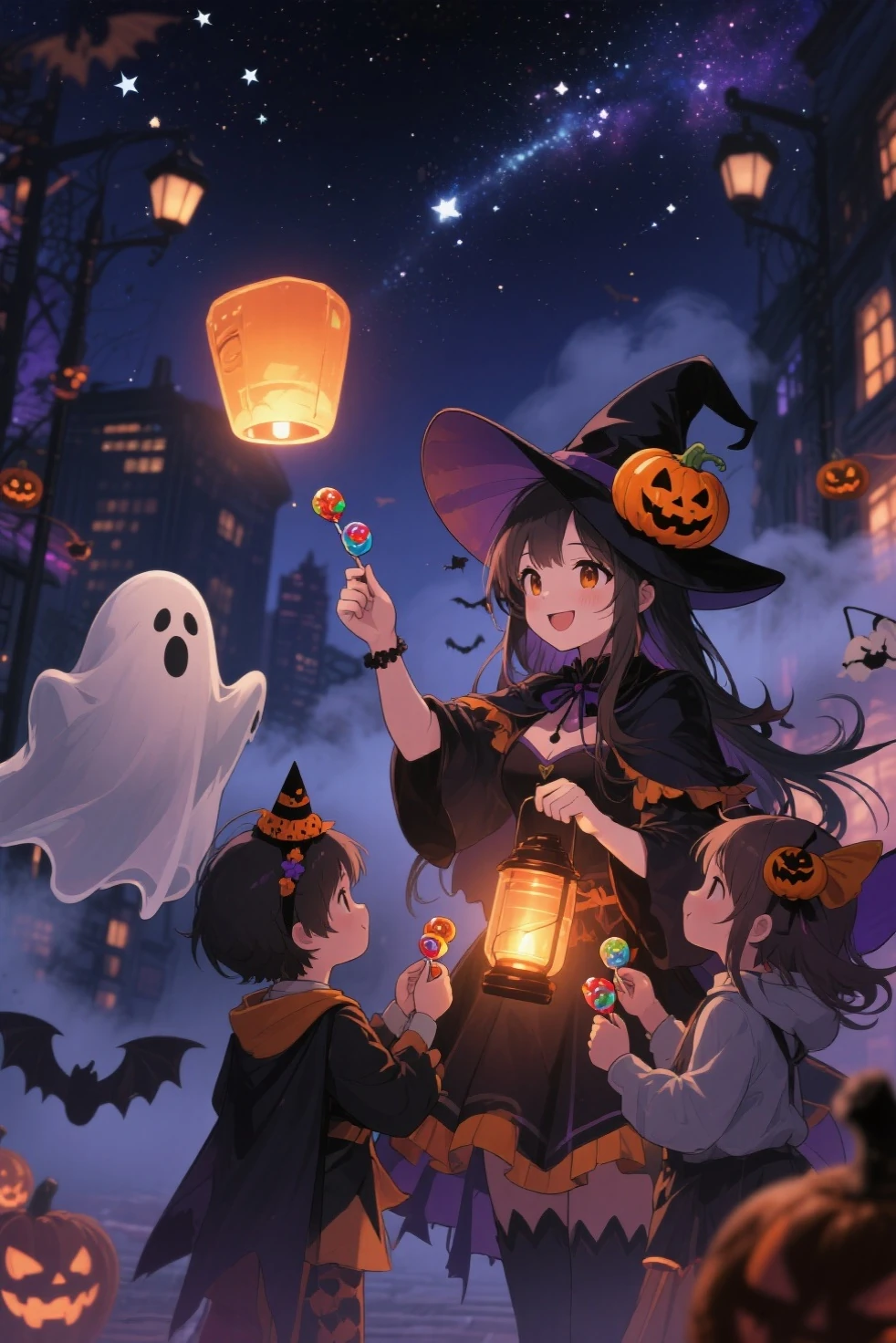 anime style、、Set in the night city、handing out candy to children while smiling、warm lantern light floats in the dark with Hallow...