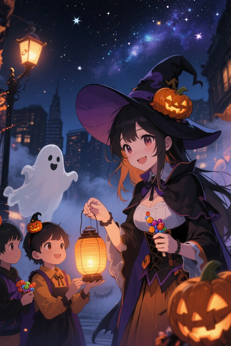 anime style、、Set in the night city、handing out candy to children while smiling、warm lantern light floats in the dark with Hallow...