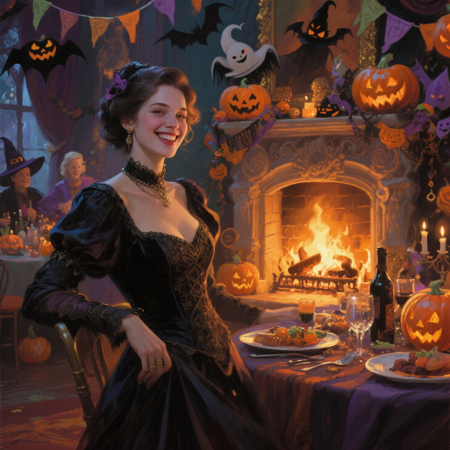 Enchanting Halloween Party,Person-Centered Portraits,Decorative fireplace,Cheerful Atmosphere,An exciting banquet,Fantastic Atmo...