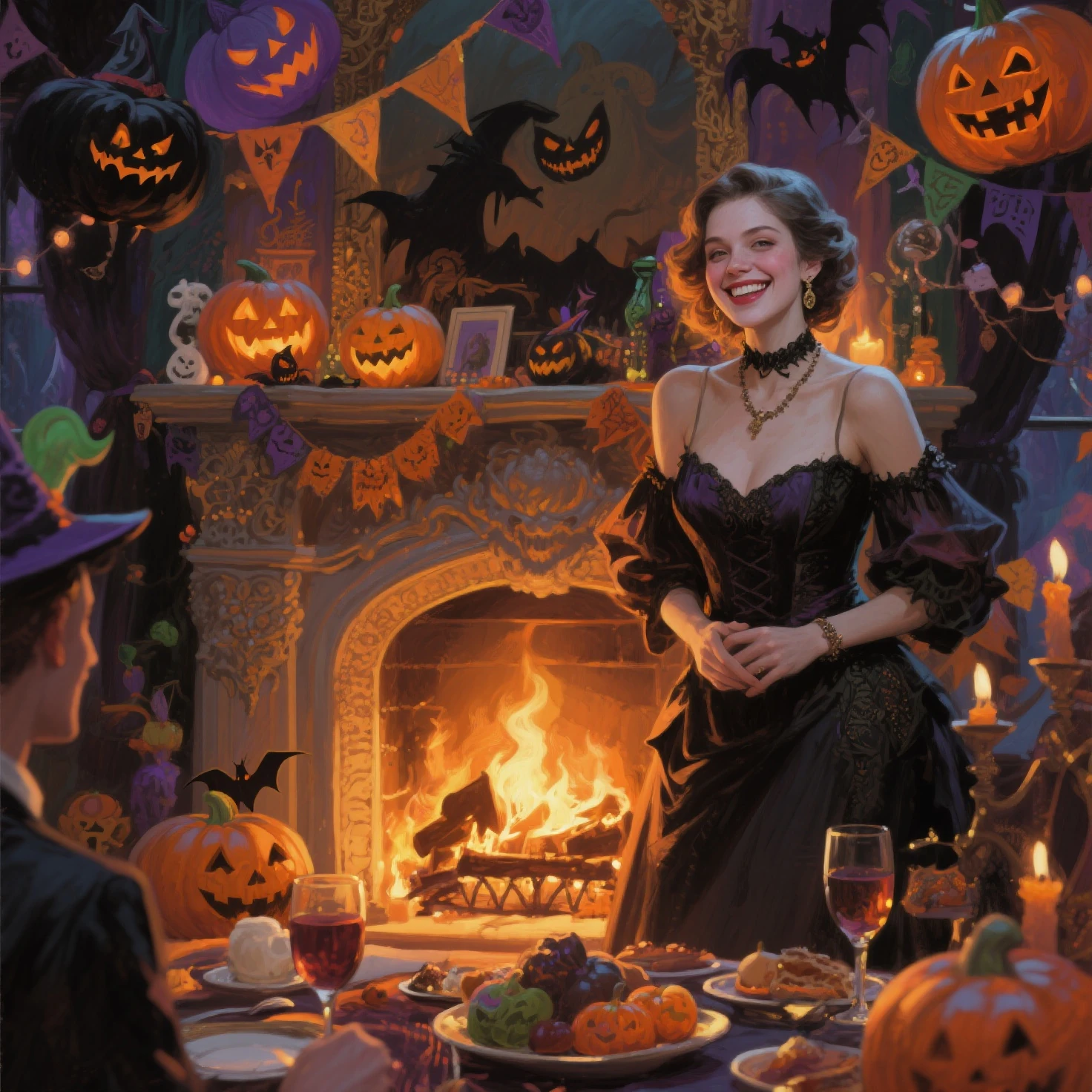 Enchanting Halloween Party,Person-Centered Portraits,Decorative fireplace,Cheerful Atmosphere,An exciting banquet,Fantastic Atmo...