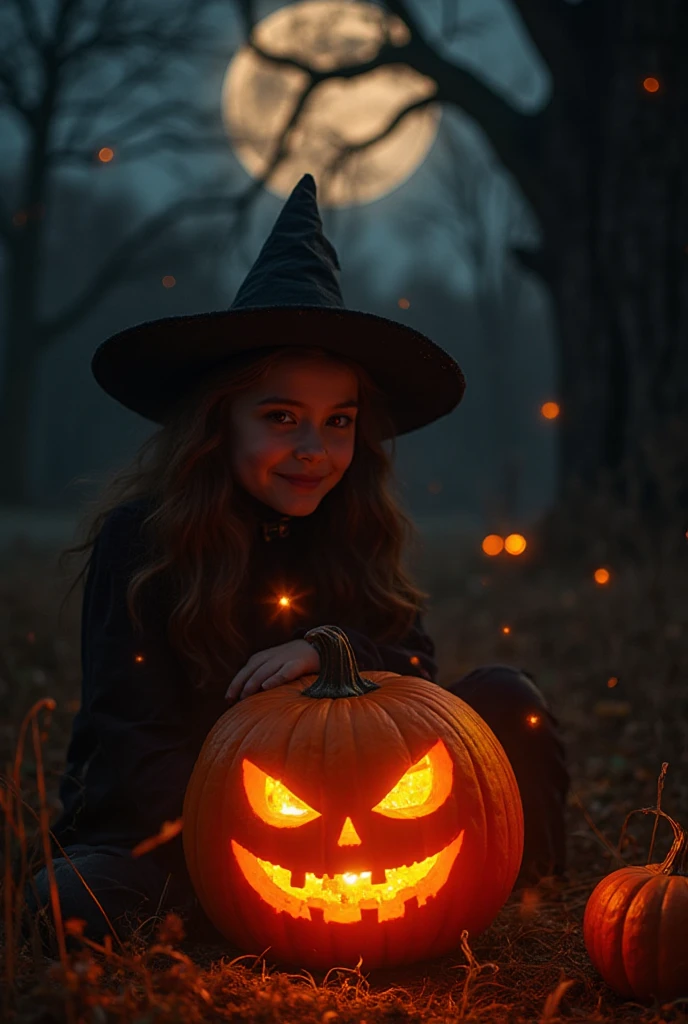 In the magical atmosphere at dusk、A pumpkin lamp beautifully illuminates the sur