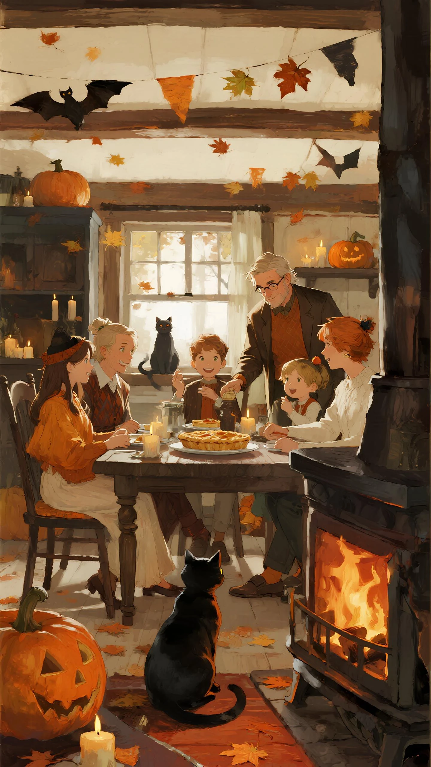 halloween dinner party, realistic, front of the fireplace, cozy interior, dining table set with pumpkins and candles, crackling ...