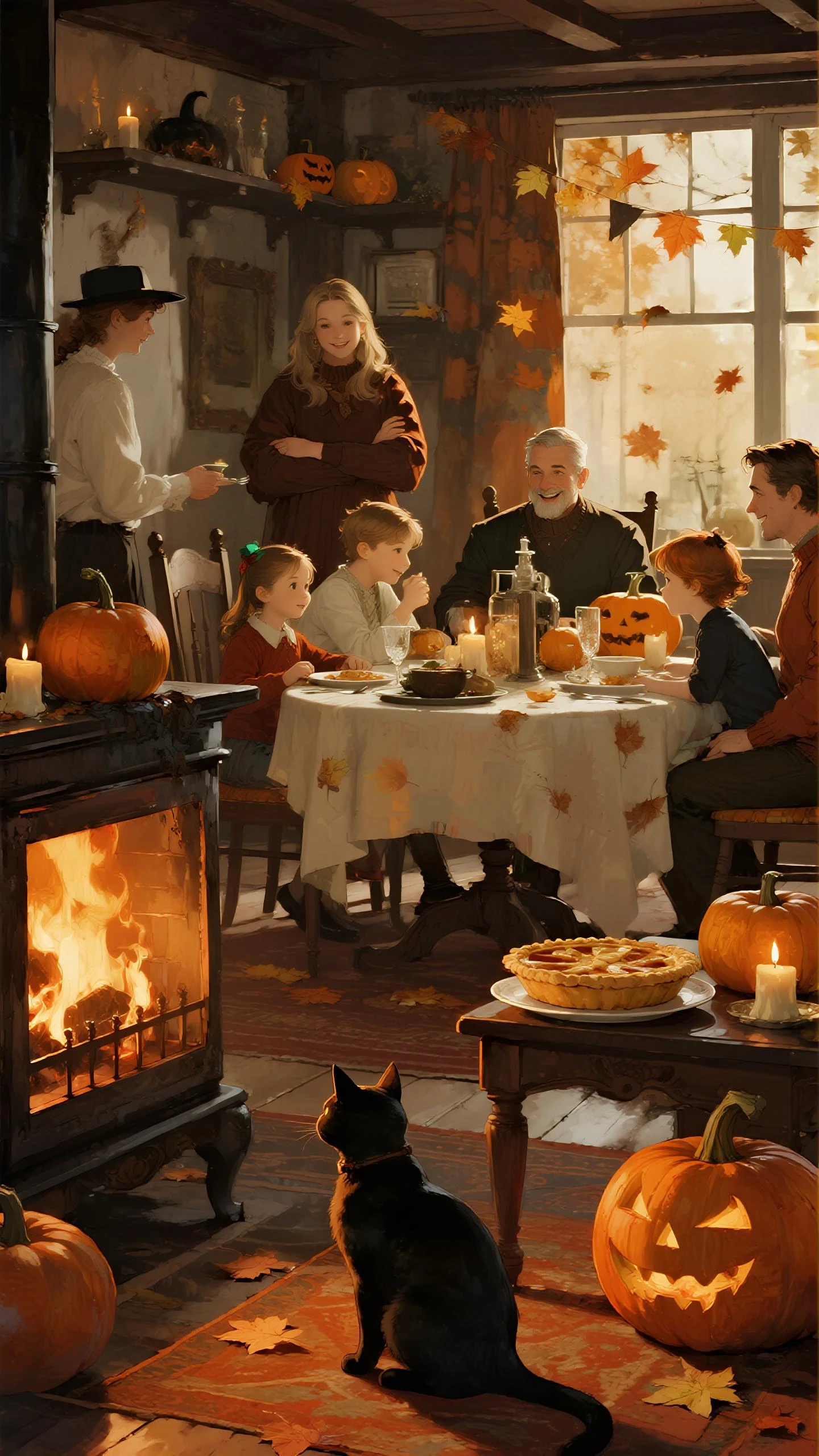 halloween dinner party, realistic, front of the fireplace, cozy interior, dining table set with pumpkins and candles, crackling ...
