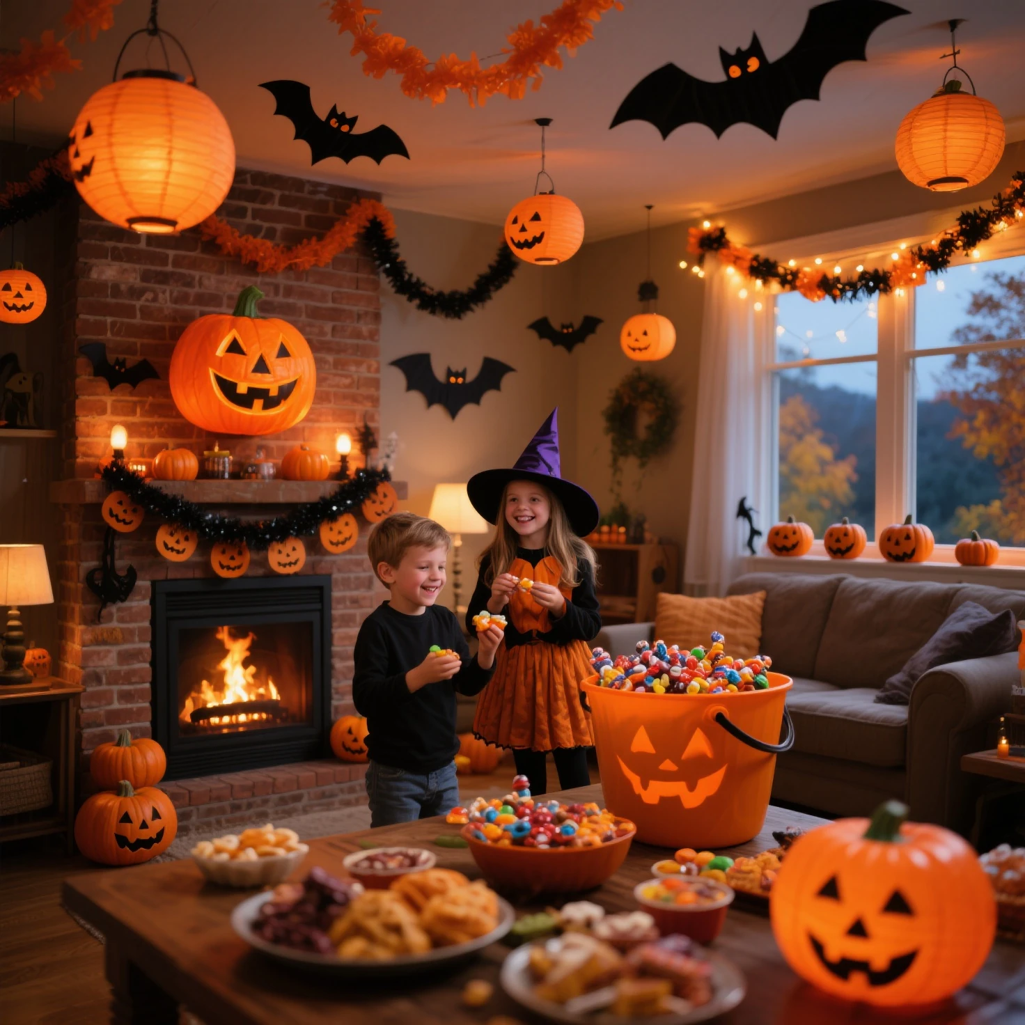 high image quality、masterpiece、8K resolution、Halloween Treats on the Table、Burning Fireplace、Bat Decorations Hanging from the Ce...