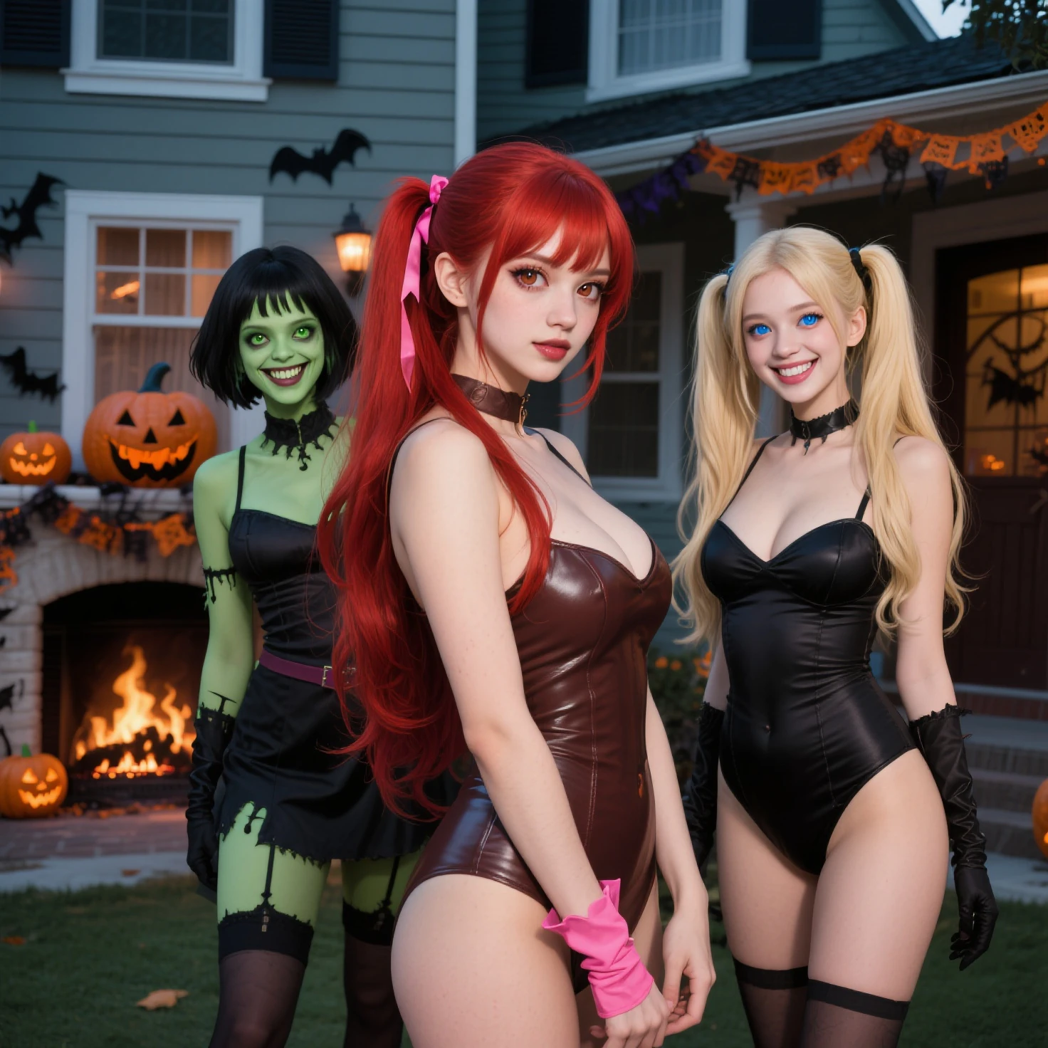 three girls in front of a house with a fireplace decorated for Halloween, the first a red-haired girl with long hair with a pon...