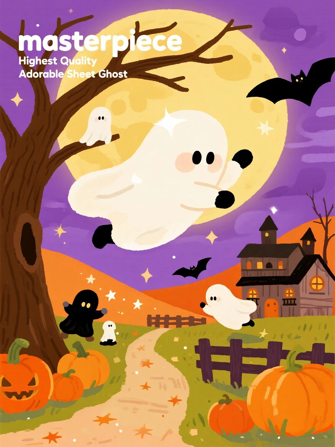 masterpiece、Highest Quality、An adorable sheet-shaped ghost that floats on a full moon night、It has characteristic big round eyes...