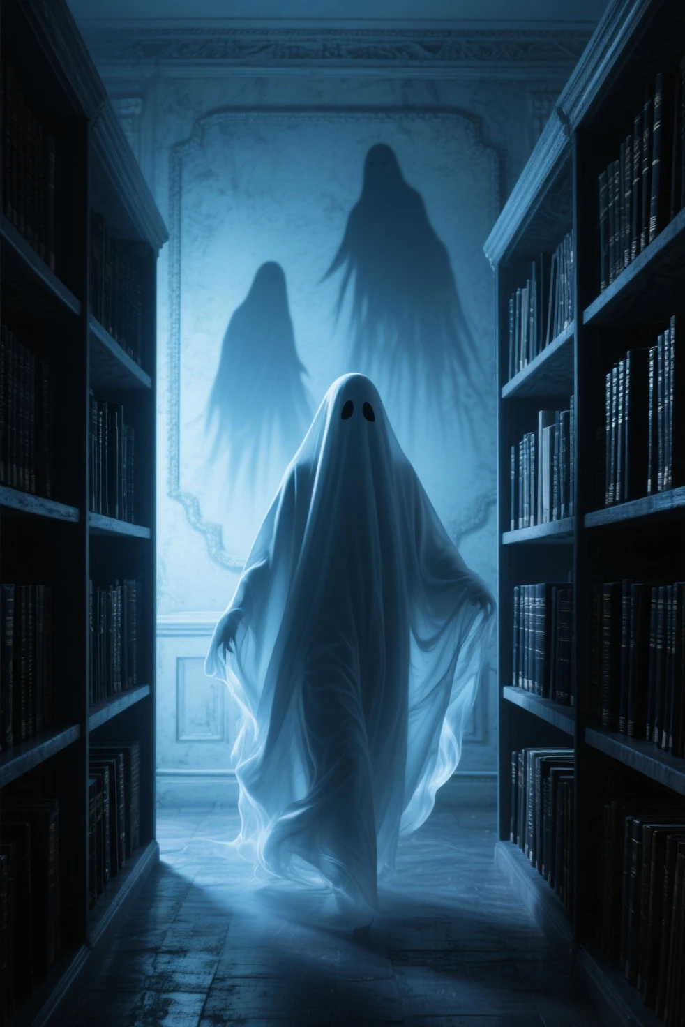 Halloween spectre ghost moving through library