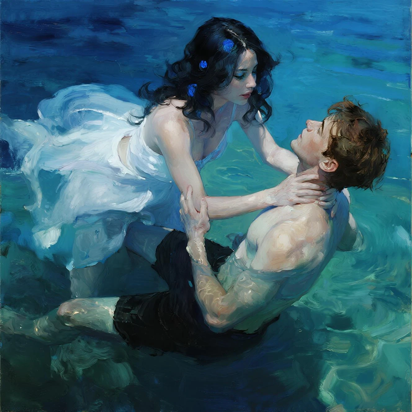  A young woman of extraordinary beauty stands out. Her jet black hair falls in soft waves, Framing a captivating face with blue ...