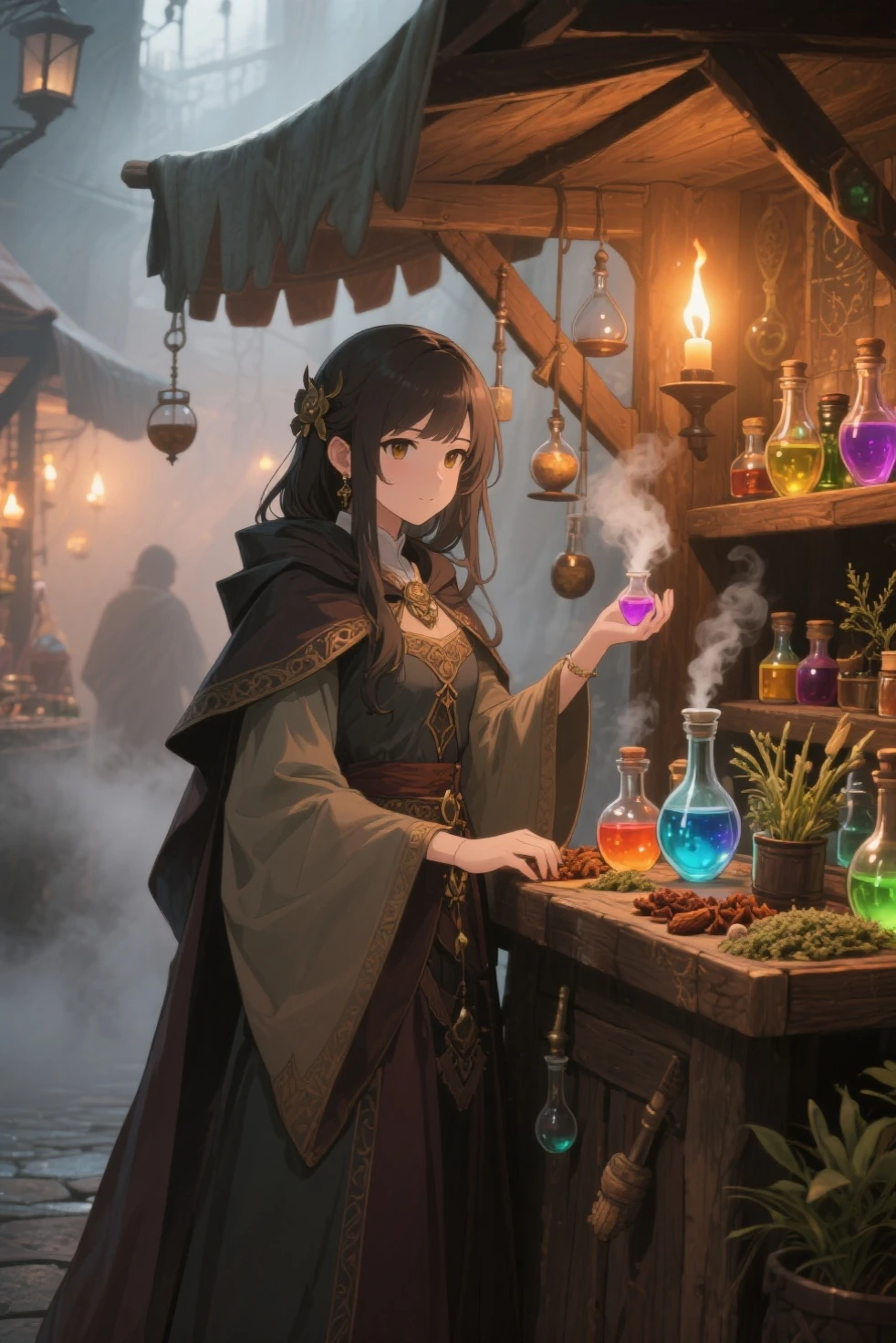 masterpiece,anime style,Beautiful girl,Mysterious Elixir Merchant、medieval fantasy、Old Wooden Stalls with Magical Potions、Mr.々Sm...