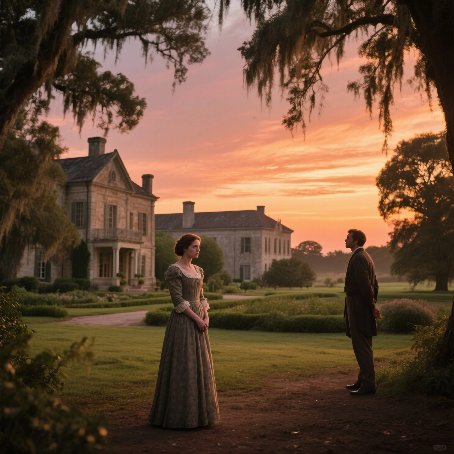 A large farm in the south、sky dyed in the sunset and swaying trees々。A woman in a classic dress stands with sorrow、A man looks in...