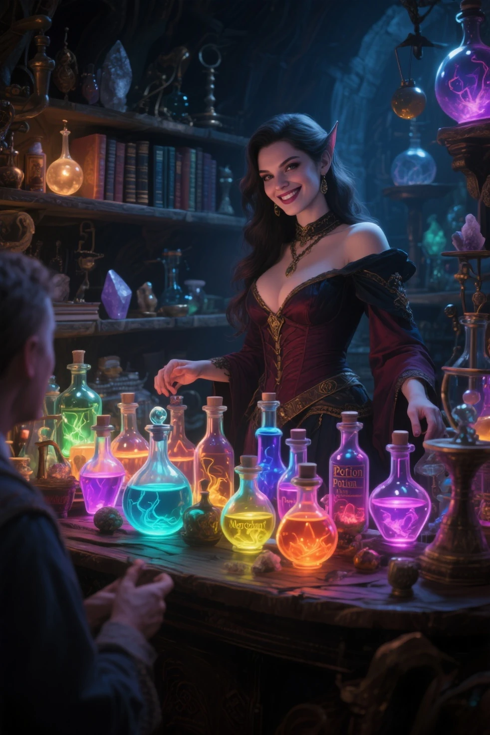 “Potion Merchant” — a beautiful and seductive female alchemist standing in her dimly lit shop. Dozens of glowing potion bottles ...