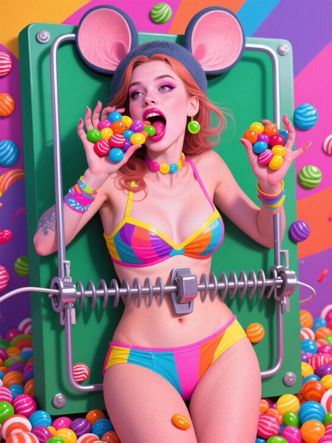 Hot girl with colorful skimpy clothes stuck in a life size mouse-trap with her mouth and hands full of candy.