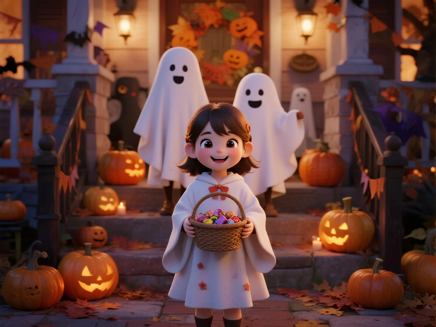 high resolution, Super Details , Picture-like quality, Halloween evening, Two young girls in cute ghost costumes, Holding a bas...