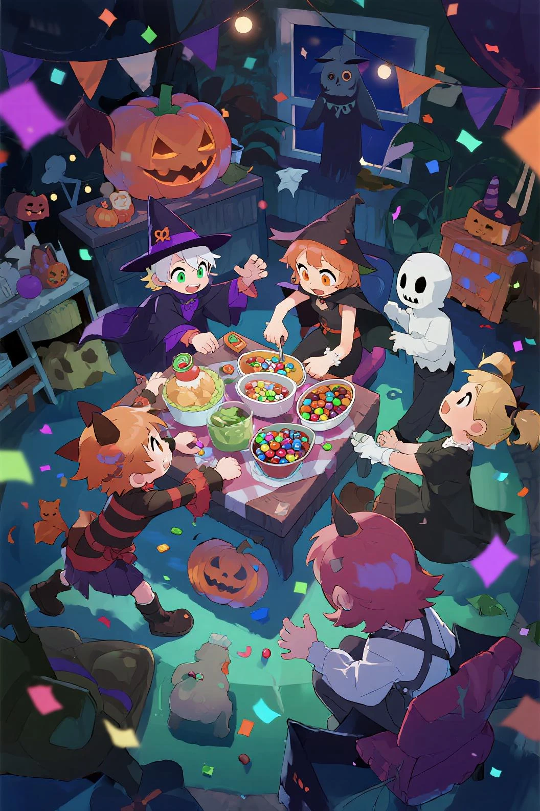 masterpiece, best quality, highly detailed, anime style, group of kids in Halloween costumes, stealing candy from the snack tabl...