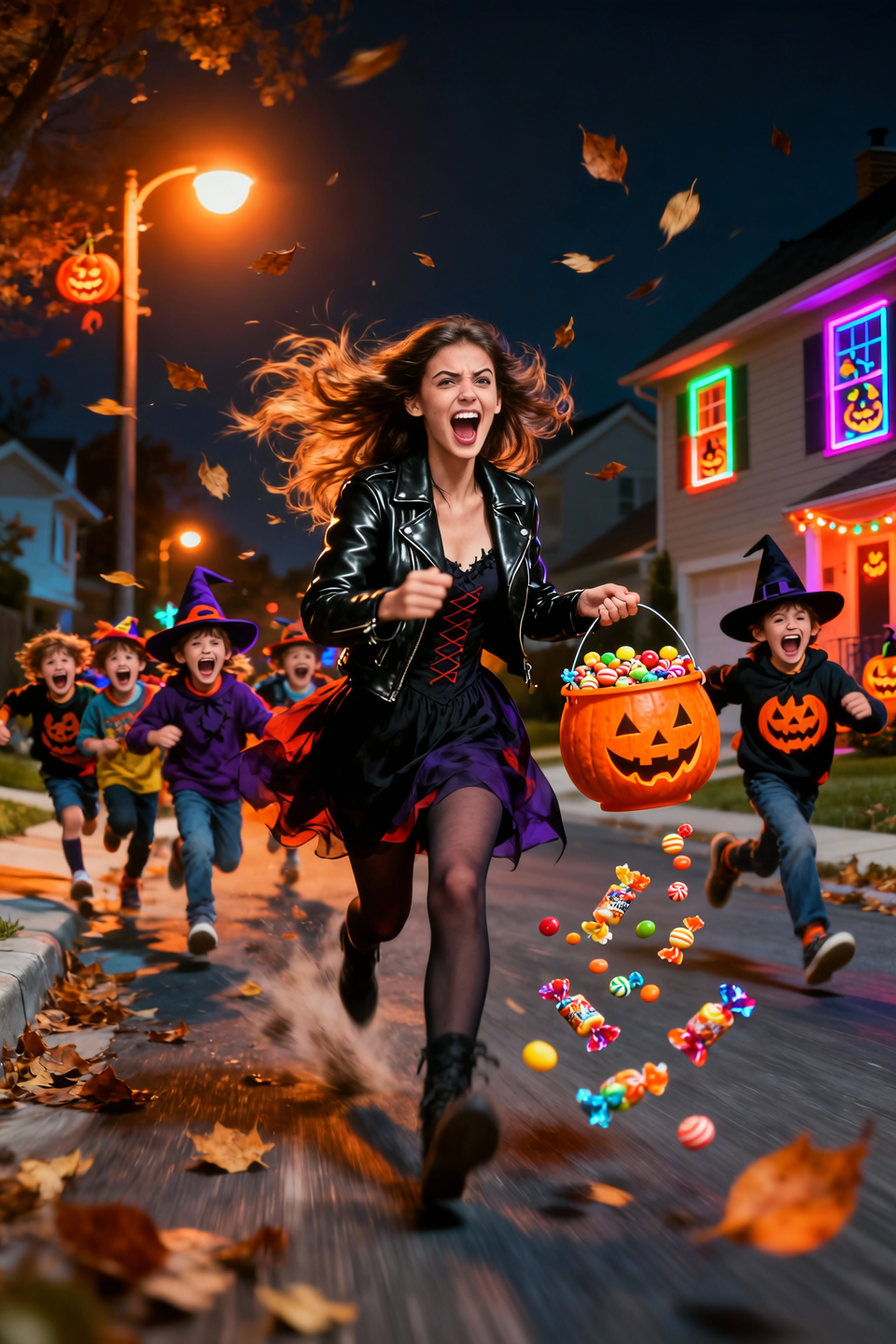 A gorgeous young woman in a slightly mischievous Halloween costume — black leather jacket over a playful witch outfit — running ...