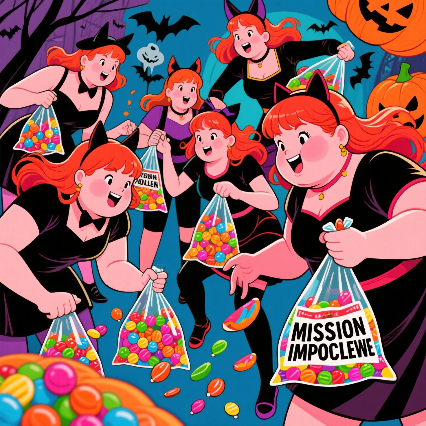 Chubby red-haired girls stealing Mission Impossible Halloween candy