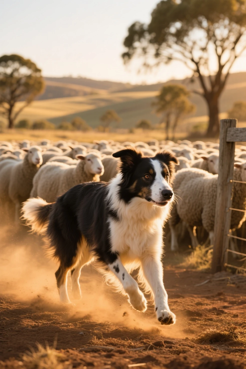Professional wildlife photography capturing Australian sheepdog in perfect mid-action herding stance, border collie with intense...