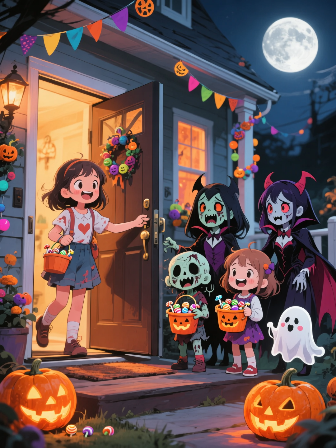A cute anime-style Halloween night scene, a cheerful young girl opening her front door to find a group of adorable zombie kids, ...