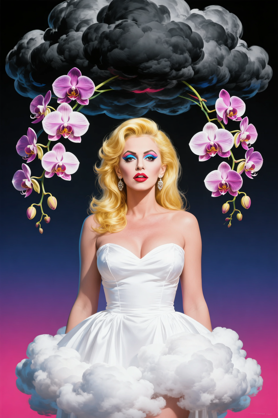 Surreal portrait of beautiful blonde, pop art star, woman(Madonna face-shaped) with a dark cloud  and upside down orchids over h...