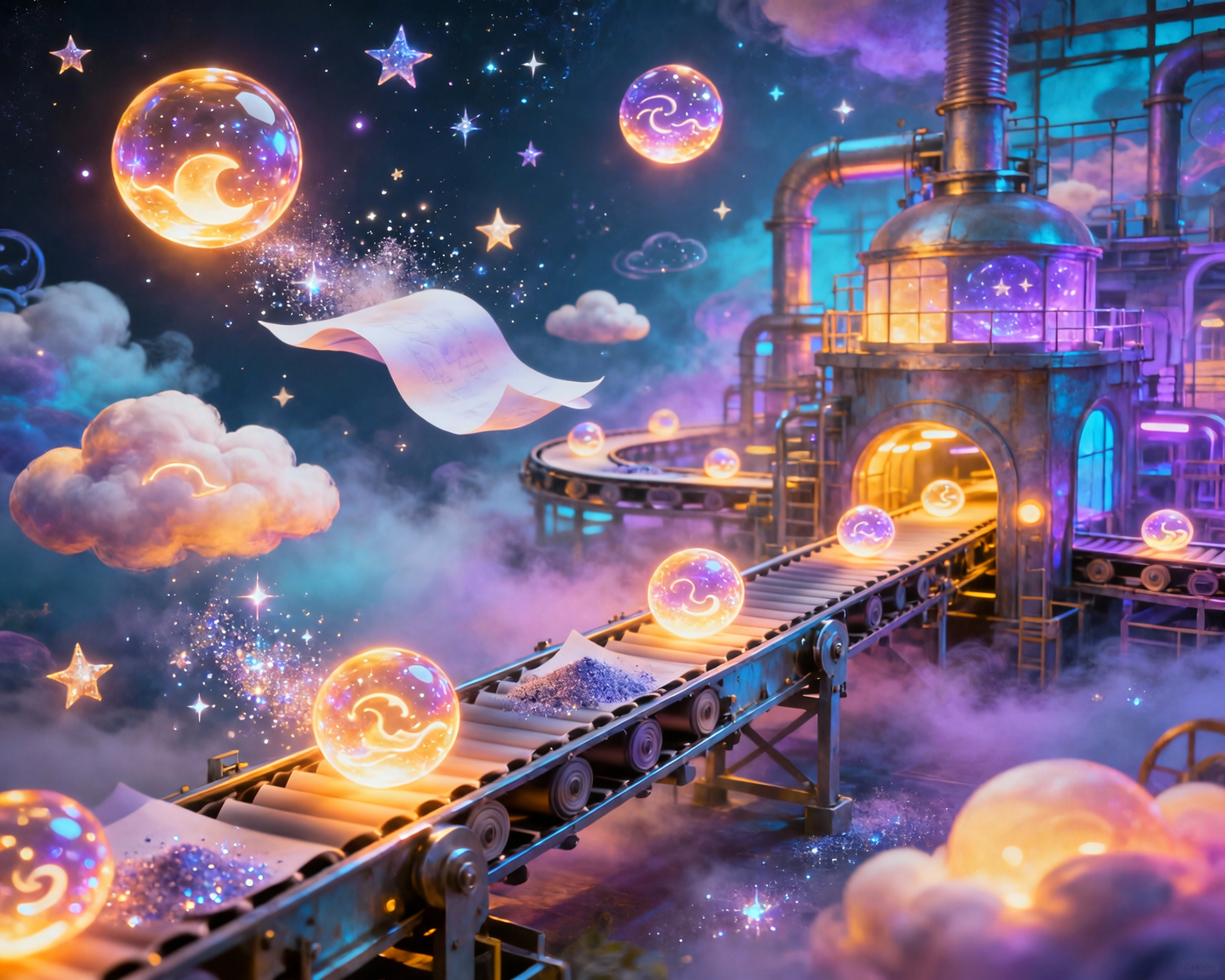 “A surreal dream factory producing glowing dream orbs, sheets of floating dreams, and sparkling dream dust, conveyor belts movin...