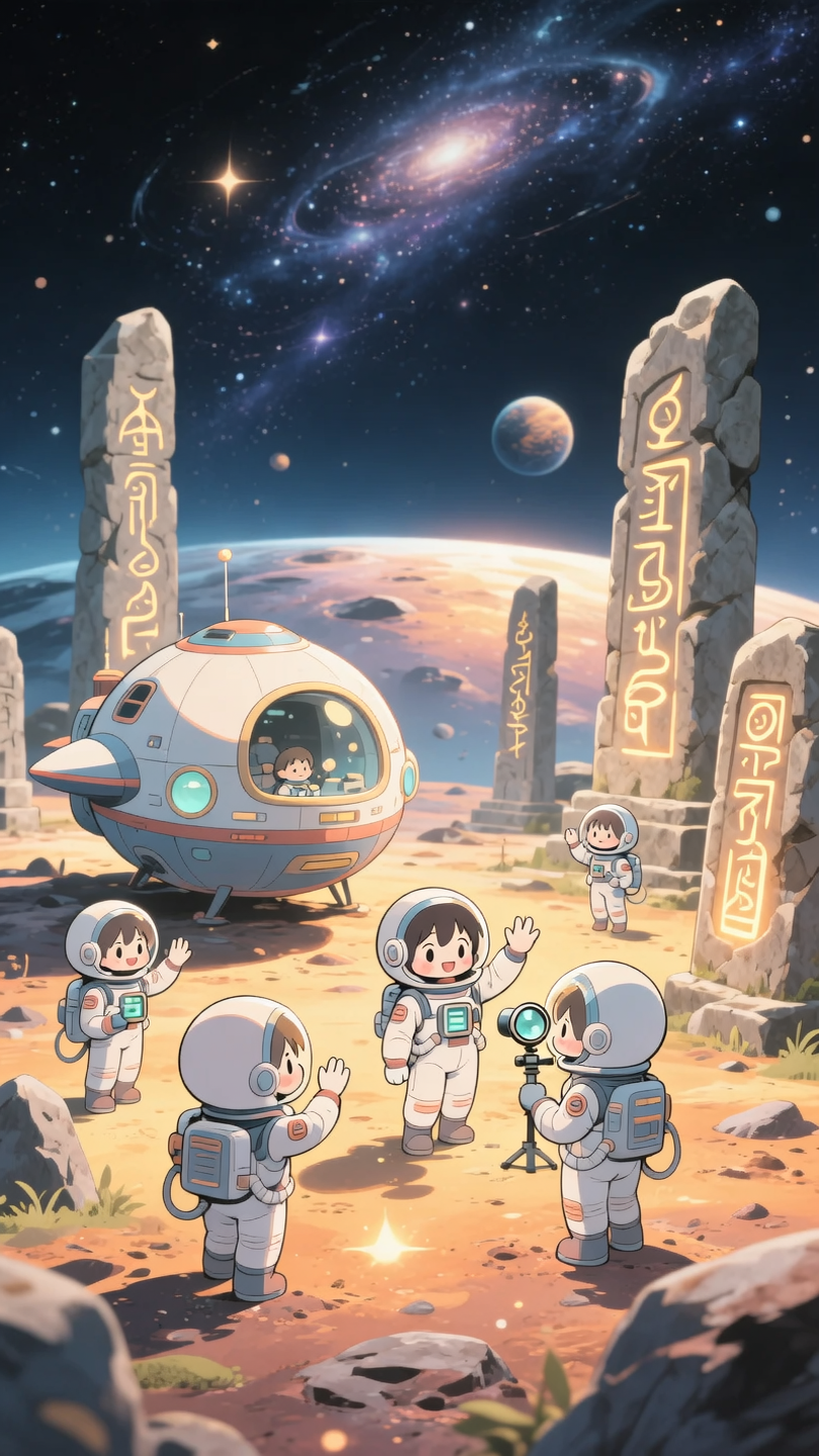 anime style, Cute Ichibi characters wear spacesuits and land on an unknown star, small characters explore, There is a cute, roun...