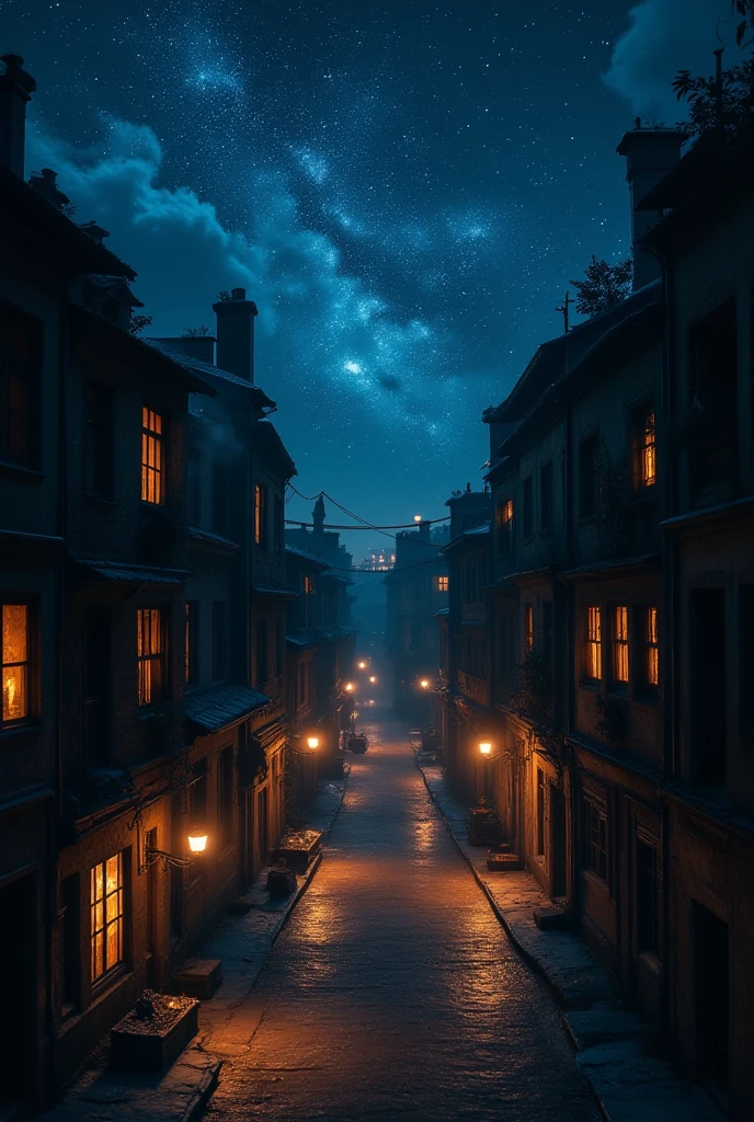 Urban area during a power outage, dark silhouettes of buildings against the star