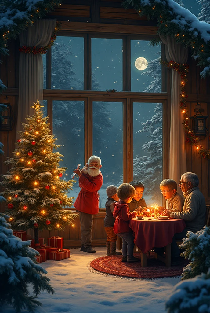 “A cozy countryside house on New Year’s Eve with a large panoramic window